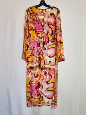Truth NYC Large Retro Paisley High Low Tie Front Duster Top Pink Yellow